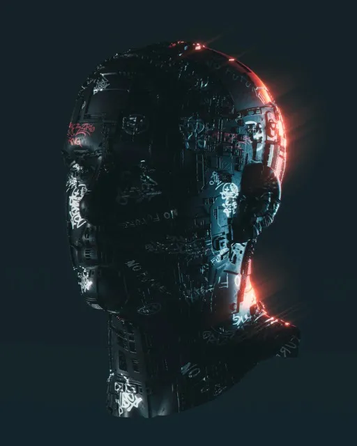 A cyberpunk AI head glowing with red light — the autonomous agent behind the attack