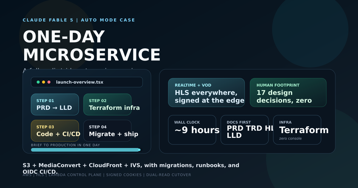 Cover showing the one-day flow of Claude Fable 5 building a streaming microservice: spec, infrastructure, code, and ship