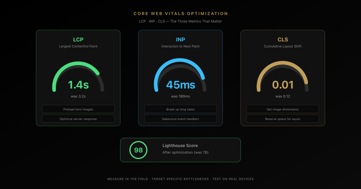 Core Web Vitals dashboard showing three gauge meters for LCP, INP, and CLS with before and after optimization results