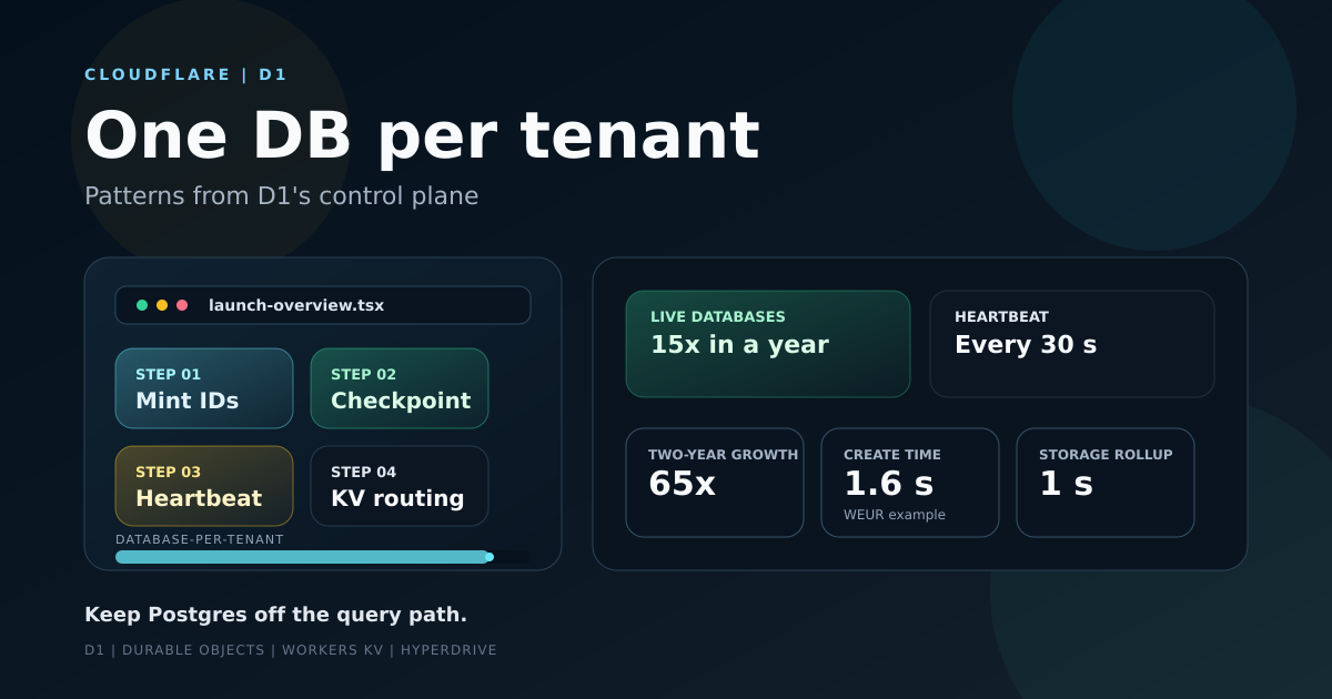 Dashboard-style cover for database-per-tenant on Cloudflare D1 showing a create, checkpoint, heartbeat and KV routing flow with 15x database growth