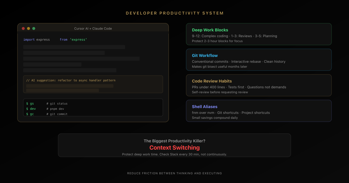 Developer productivity workspace showing a terminal, editor, and organized workflow system for senior engineers