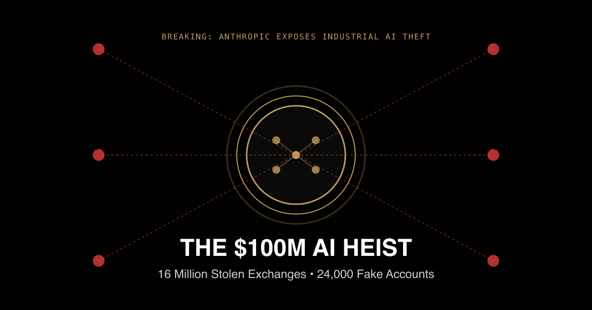 A glowing AI brain being extracted through a network of fraudulent connections representing the massive distillation attack on Claude