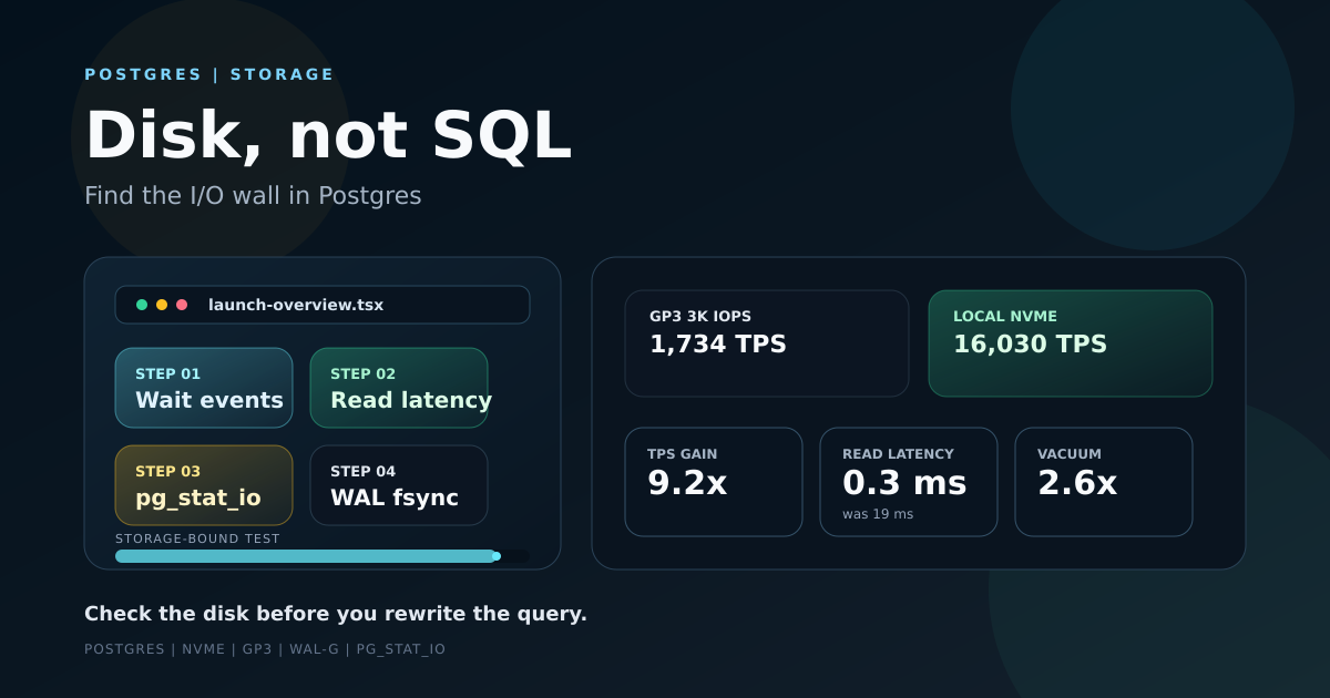 Dashboard-style cover showing a Postgres storage bottleneck diagnosis flow and a 9.2x throughput gain from local NVMe over gp3 EBS